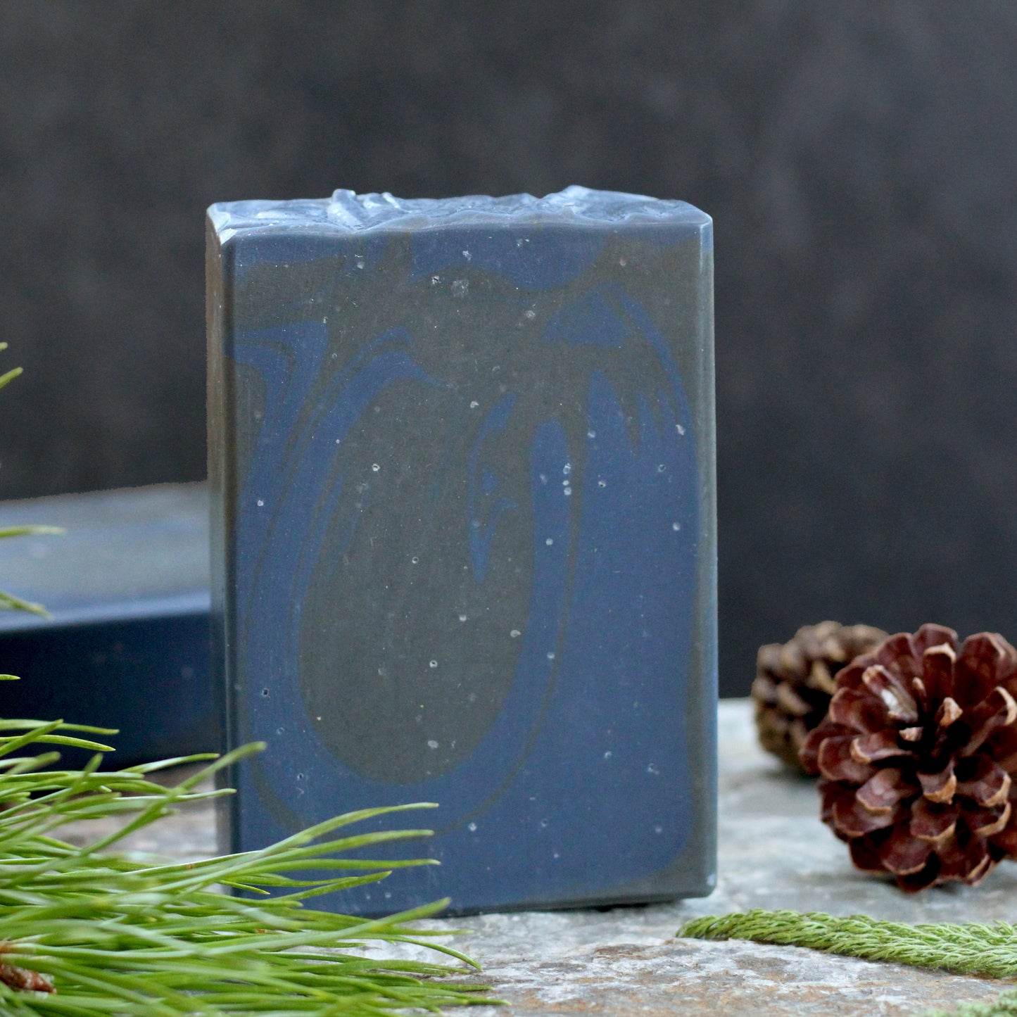 Missouri River Soap Stargazing artisan soap with deep navy blue and charcoal swirls, photographed with evergreen sprigs and pinecones on a rustic stone surface.