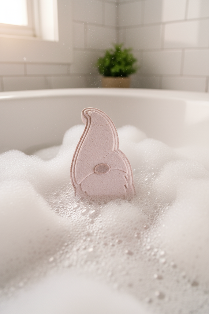 Gnome bath bomb in a bathtub of bubbles