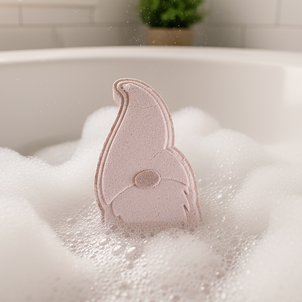 Light brown gnome shaped bath bomb in a tub of bubbles.