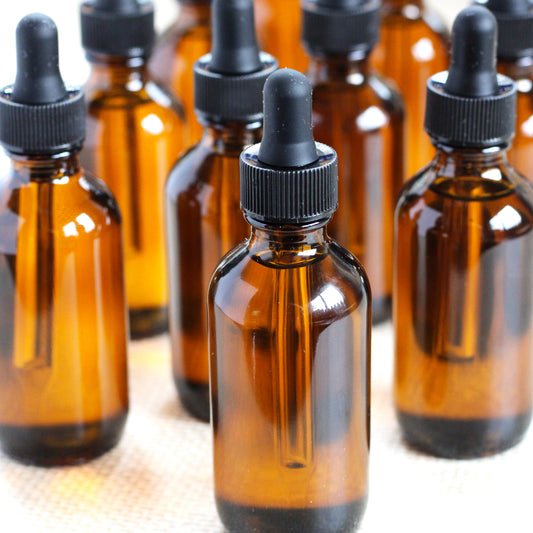 Amber dropper bottles filled with oil