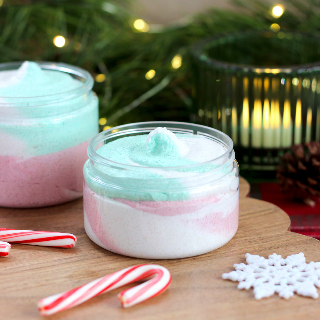Missouri River Soap Buttermint Whipped Sugar Scrub – whipped sugar scrub swirled in white with hints of pink and green; scented with cool mint and warm vanilla, reminiscent of classic butter mint candies.