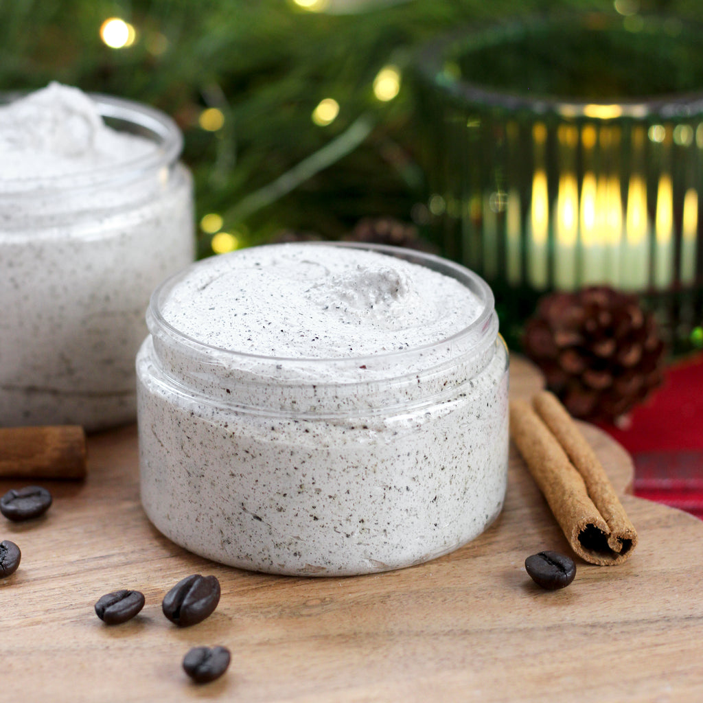 Missouri River Soap Cookies, Coffee & Claus Whipped Sugar Scrub – festive sugar scrub made with organic cane sugar and real espresso; scented with espresso, cream, brown sugar, vanilla, sugar cookies, and graham crackers.