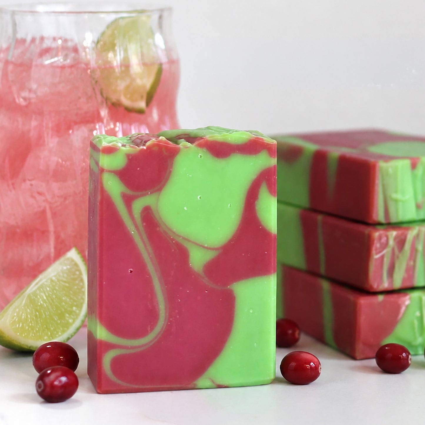 Cranberry Limeade handmade cold process soap with vibrant cranberry red and lime green swirled design by Missouri River Soap