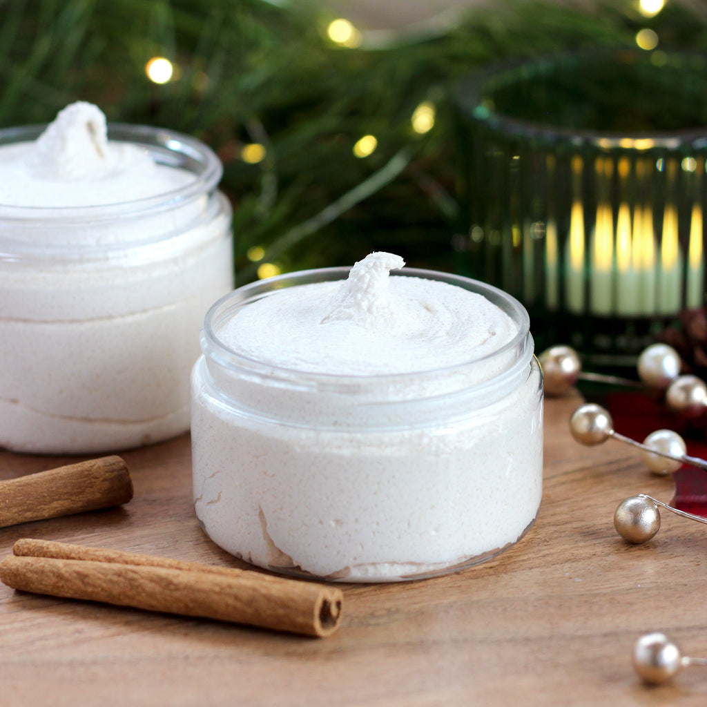 Missouri River Soap Eggnog Creme Whipped Sugar Scrub – whipped sugar scrub scented with creamy eggnog, rum, vanilla sugar, and warm spices, perfect for festive holiday pampering.