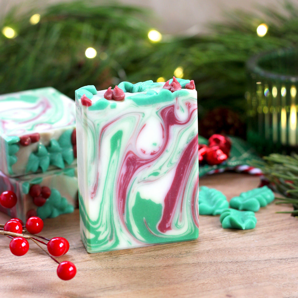 Missouri River Soap Holly Jolly  – handcrafted red and green soap with holly decorations, holiday scent with citrus, berries, and balsam.