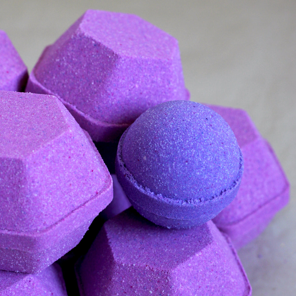 Dark purple mini round bath bomb with pinky purple hexagon bath bombs