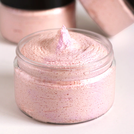 Missouri River Soap Peach Mango Sangria Whipped Soap Sugar Scrub in a 4 oz clear jar with swirls of pink and peach.