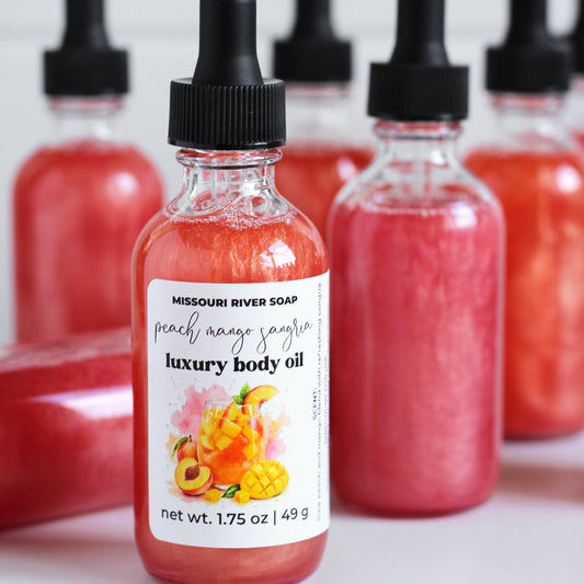 Peach Mango Sangria Luxury Body Oil with pink shimmer by Missouri River Soap