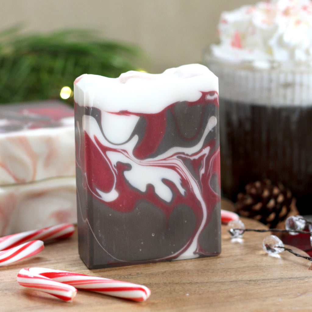 Missouri River Soap Peppermint Mocha – handcrafted swirled dark and medium brown, white, and red soap, rich peppermint mocha fragrance with chocolate and coffee notes