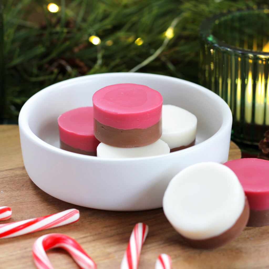Missouri River Soap Peppermint Mocha wax melts – little disk-shaped with layers of brown, red, and white, releasing a festive blend of rich chocolate, creamy coffee, and cool peppermint, filling your space with a cozy, uplifting holiday fragrance.