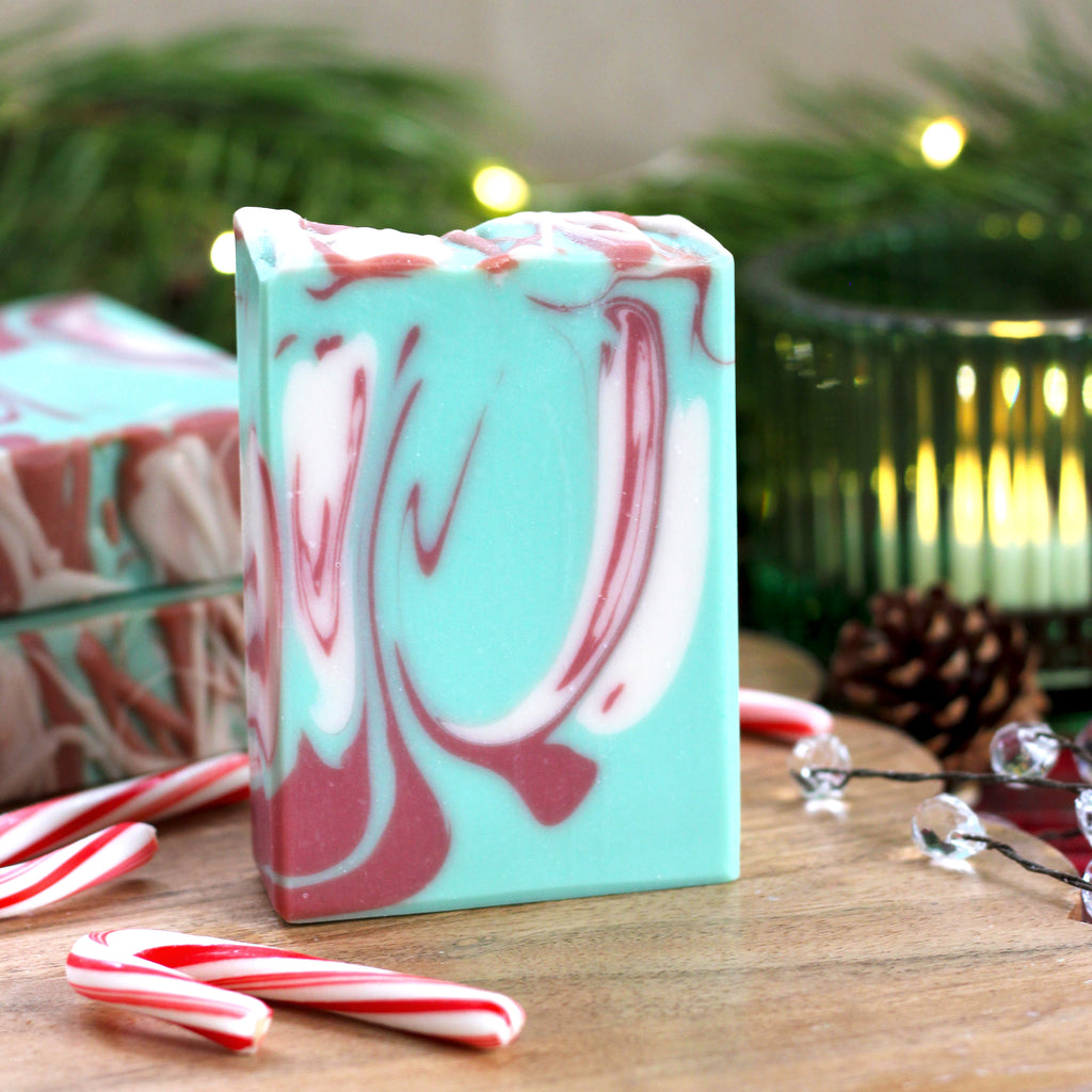Missouri River Soap Peppermint Swirl – handcrafted green soap with red and white festive swirls, peppermint eucalyptus and vanilla scent.