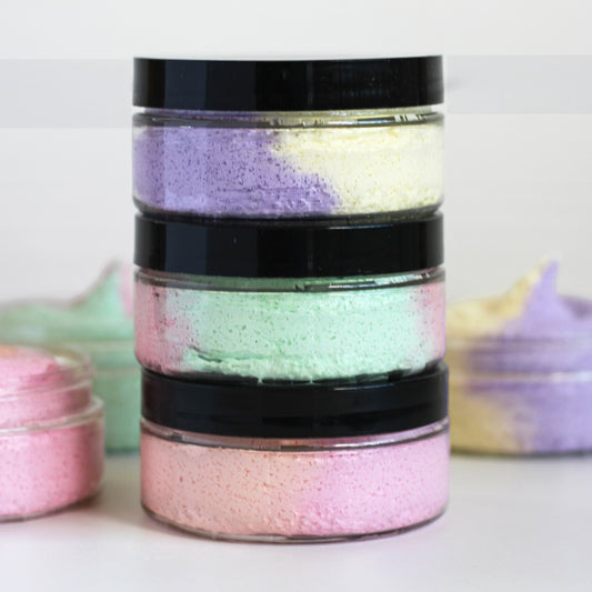 Missouri River Soap Summer Sips Whipped Soap Scrub Sampler featuring three 3 oz sugar scrubs in Cranberry Limeade, Berry Lemonade, and Peach Mango Sangria.