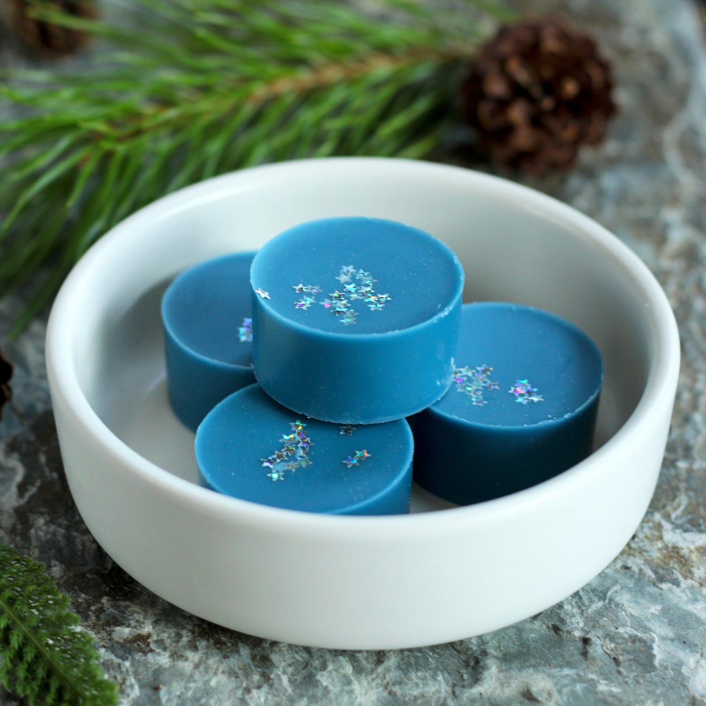 Missouri River Soap Stargazing wax melts featuring four deep blue wax melt discs with iridescent star glitter, displayed in a white ceramic dish on a stone surface with evergreen sprigs and pinecones.
