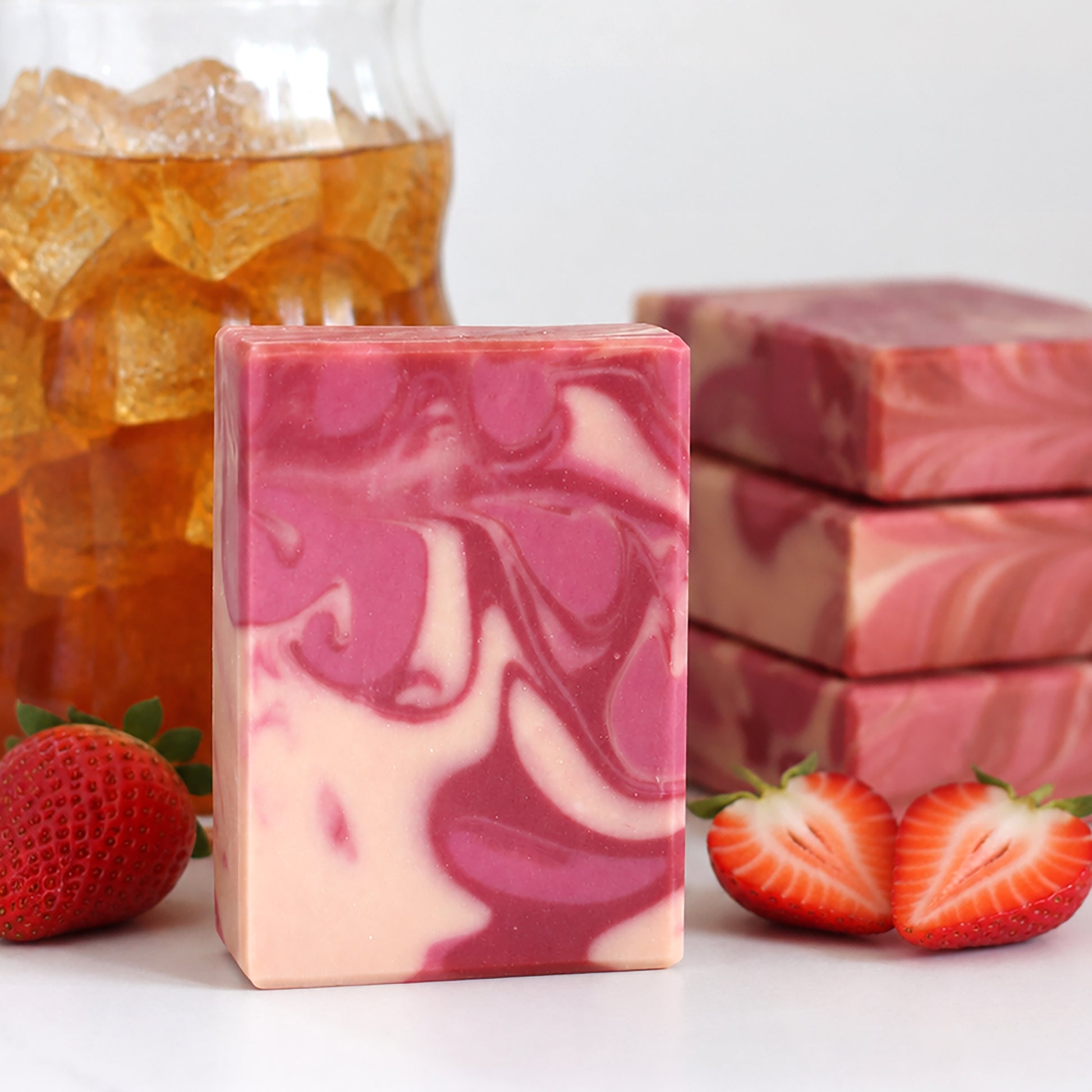 Handmade Strawberry Sweet Tea cold process soap featuring berry-inspired swirls in shades of pinks and cream by Missouri River Soap